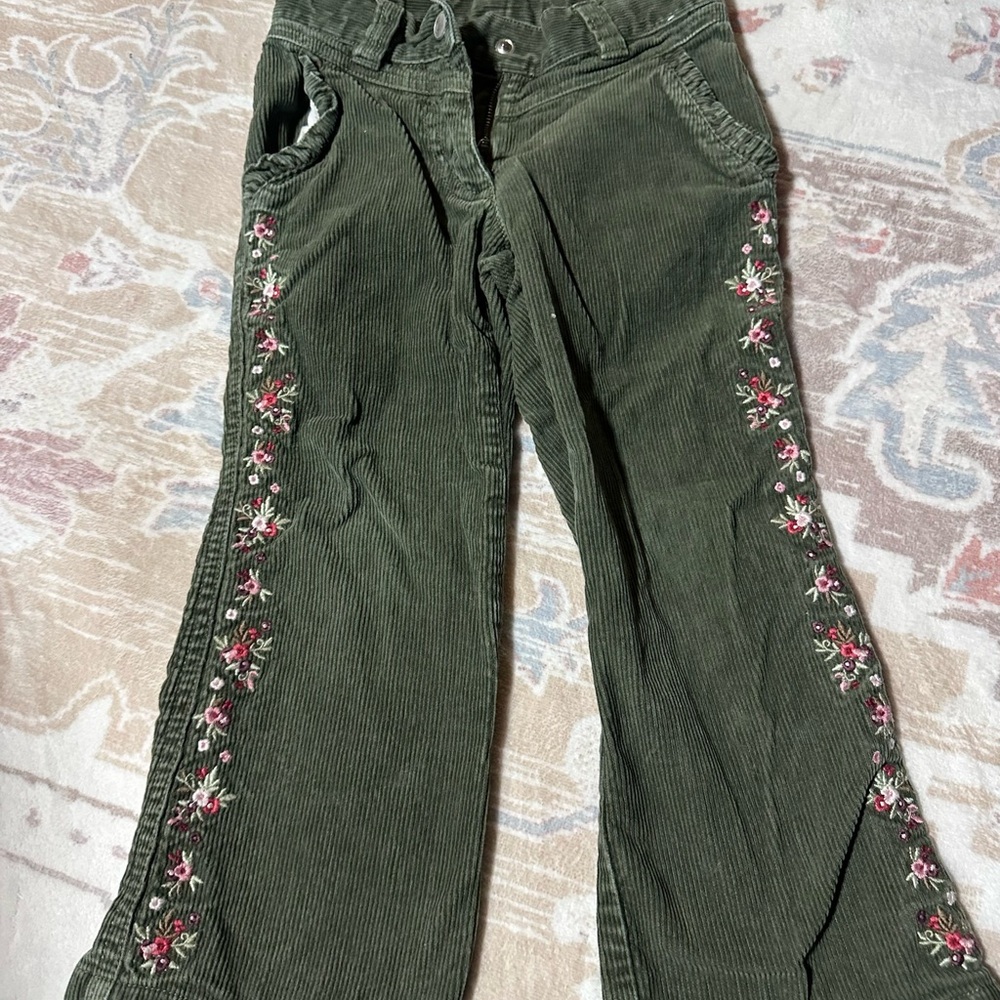 Gymboree Green Corduroy Kids Bottoms with Floral Embroidery